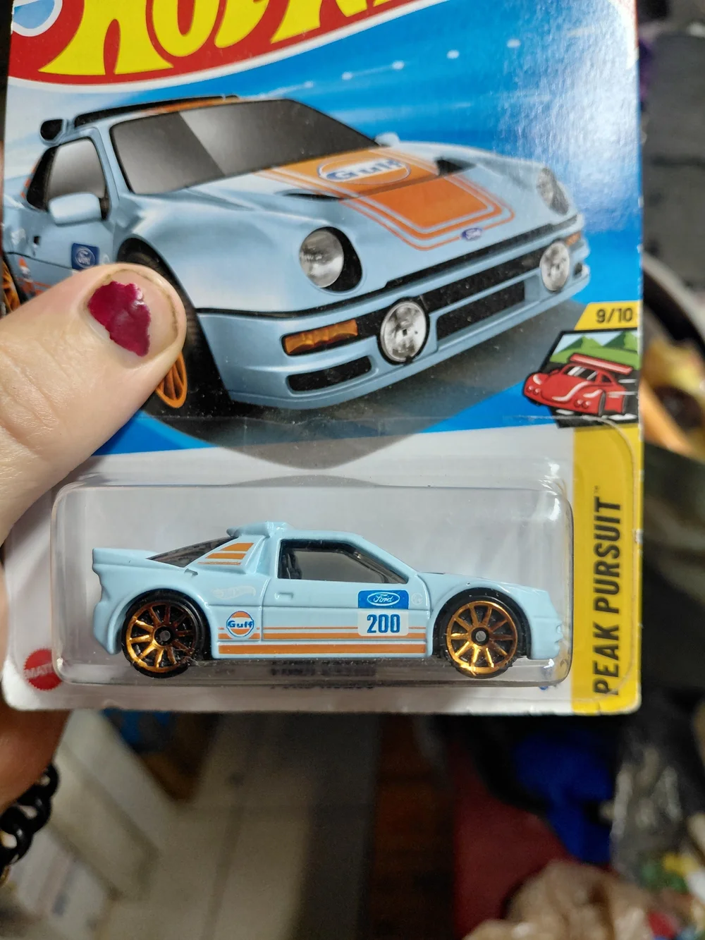 the Hot Wheels Ford RS200 in the iconic light blue and orange Gulf racing livery